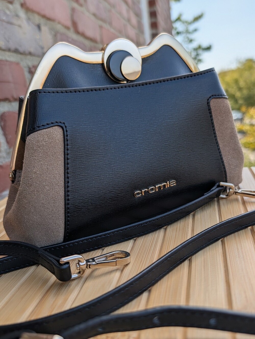 Cromia Made in Italy Saffiano Leather Suede Structured Frame Crossbody/ Clutch